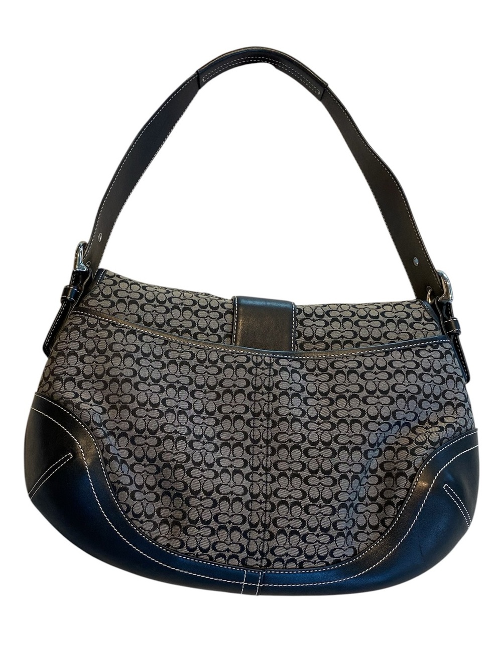 COACH Soho Signature Canvas Shoulder Bag Black Leather Silver Buckle Medium Size - Picture 3 of 17